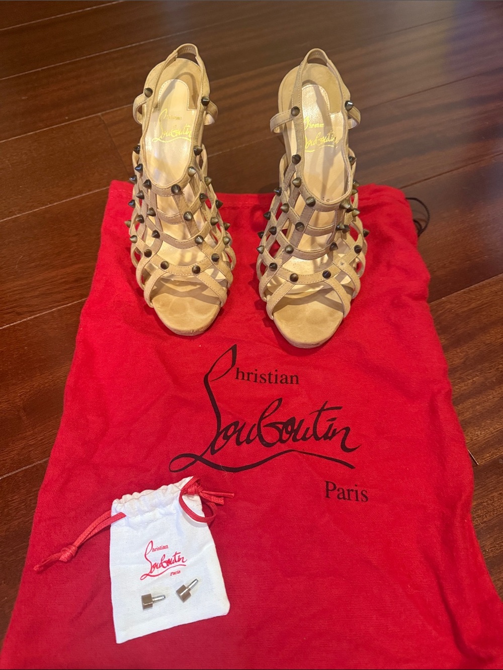 Christian Louboutin Tan Studded Strappy Heels